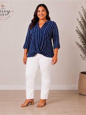 Always Indigo 2X Navy Striped Faux Tuck High-Low Blouse 3/4 Tab Sleeve
